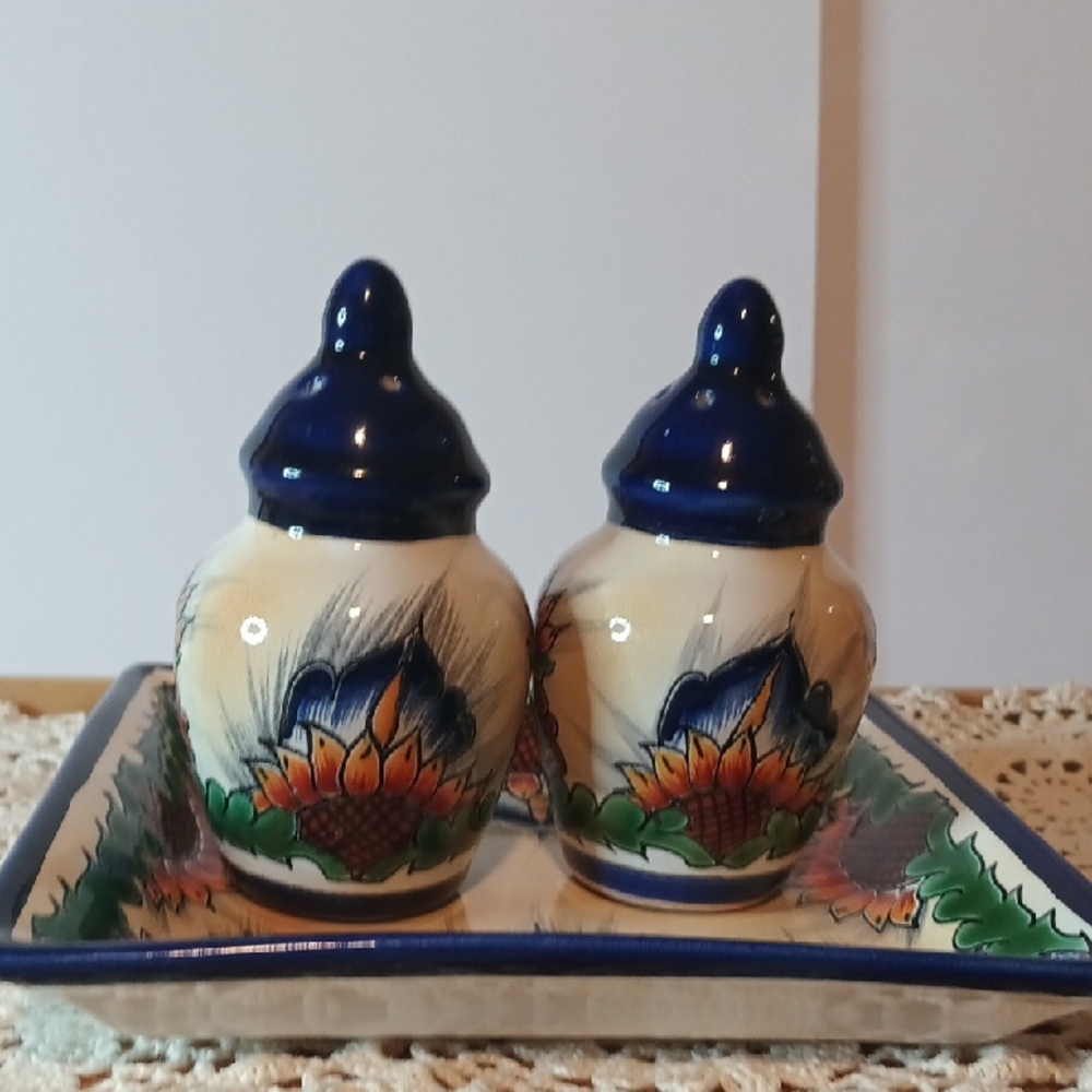Colorful Ceramic Salt and Pepper Shakers with Tray Hand Painted In Mexico